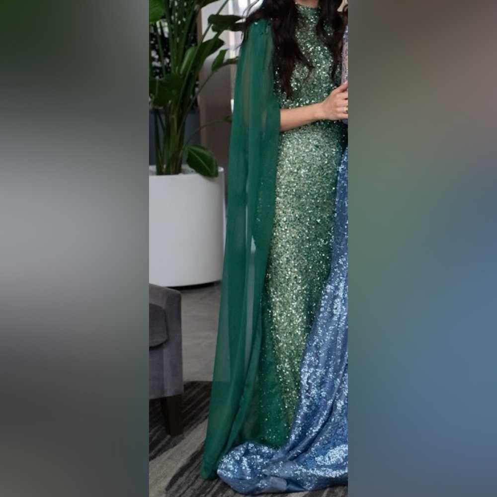 Fjolla Nila green beaded gown with cape sleeves. - Picture 2 of 4